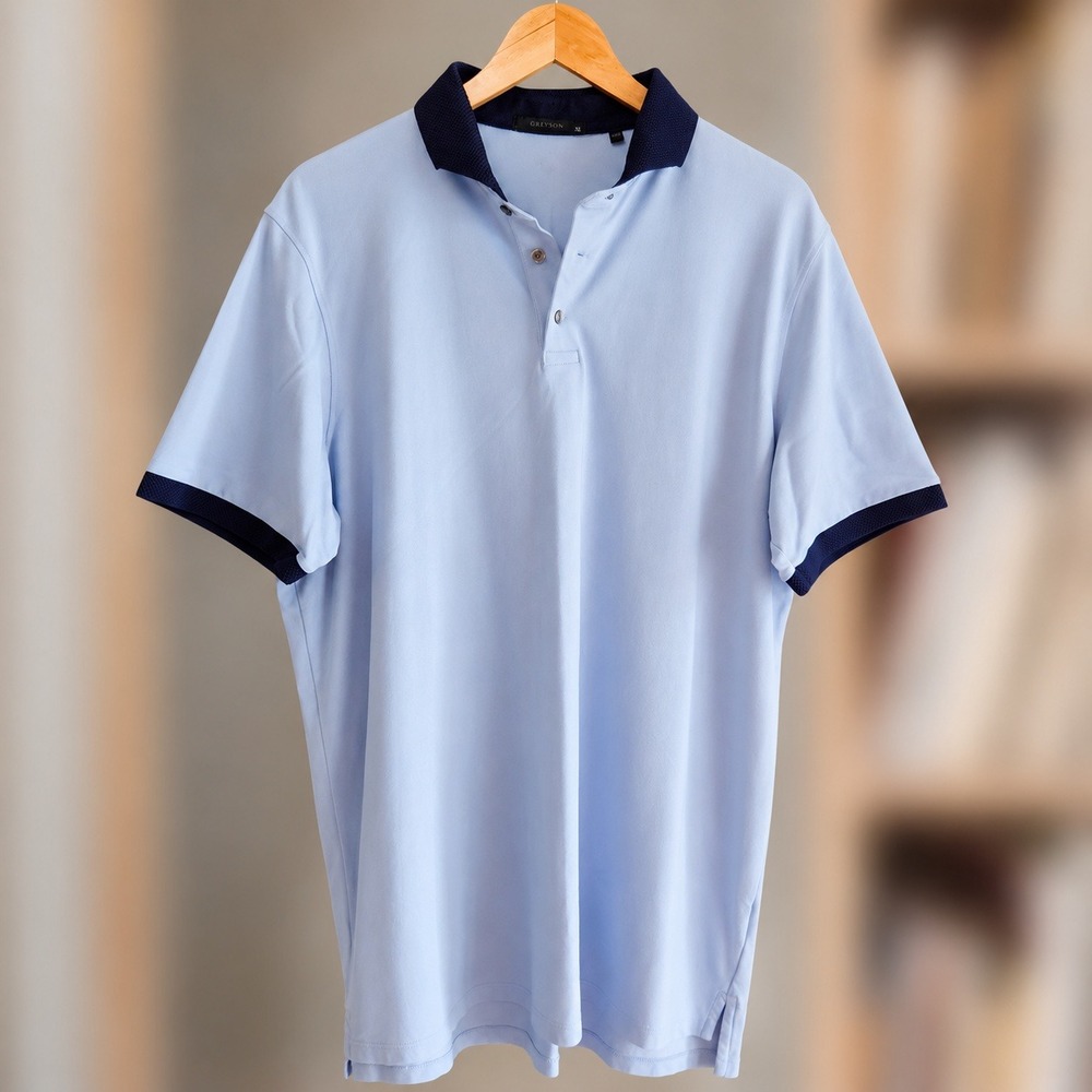 Greyson Clothiers Mens XL Light Blue Navy Trim Wolf Logo Performance Golf Polo